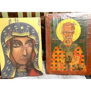 Religious Icon Paintings Mary Madonna St Nicholas Damaged Need Repair 2Pc Signed